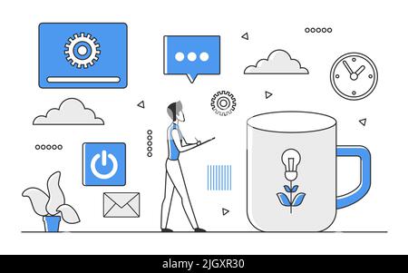 Business working schedule planning. Time and daily task management vector monocolor illustration Stock Vector