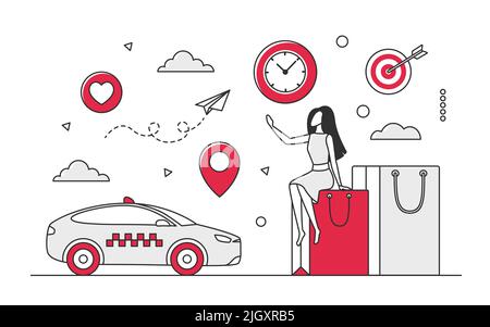 Urban delivery orders service transport. Digital shopping and car shipping vector monocolor illustration Stock Vector