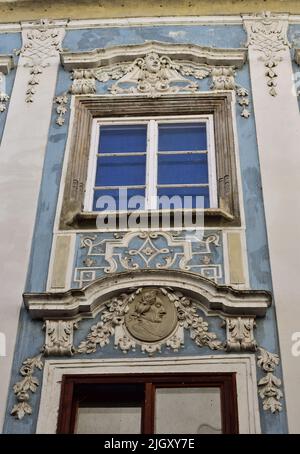 Detail of an amazing baroque house in downtown Steyr, Austria, vertical Stock Photo