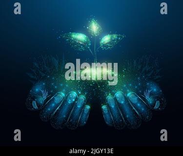 Two human hands are holds green sprout. Glowing low poly hands and plant on dark blue background. Wireframe low poly design. Abstract futuristic vecto Stock Vector