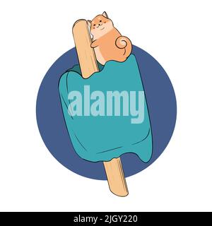 A plump red cat sits on a bitten blue ice cream and it melts in the summer Stock Vector