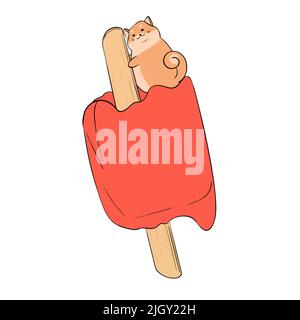 A plump red cat sits on a bitten red ice cream and it melts in the summer Stock Vector