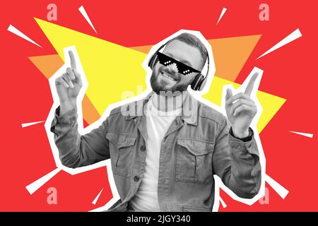 Happy millennial guy enjoying his brand new headphones Stock Photo