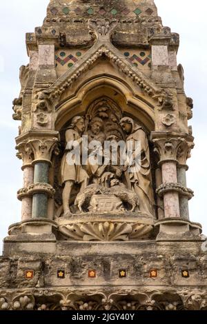 Sculptural detail of the historic Market Cross, located on Market Square in the historic market town of Saffron Walden, Essex, UK. Stock Photo