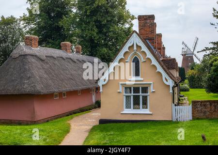 A picturesque view of the Almshouses and Windmill in the town of Thaxted in Essex, UK. Stock Photo