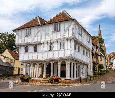 Essex, UK - September 6th 2021: A view of the historic Thaxted Guildhall, in the picturesque town of Thaxted in Essex, UK.  The spire of Thaxted Paris Stock Photo