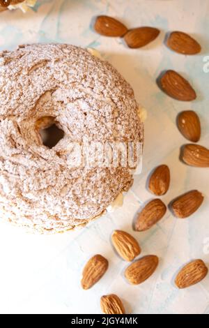 custard sweet cake with nuts and filling top view. Stock Photo