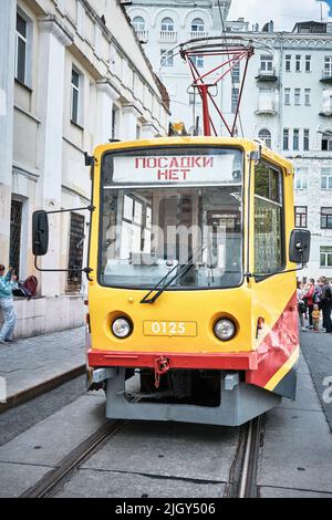 Old Tram Wagon, model 71-608 KM, produced from 1988-2007, Retro Transport Parade: Moscow, Russia - June 04, 2022 Stock Photo