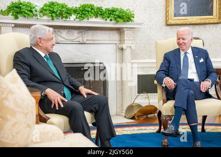 Washington, United States Of America. 12th July, 2022. Washington, United States of America. 12 July, 2022. U.S President Joe Biden, holds a face-to-face bilateral meeting with Mexican President Andres Manuel Lopez Obrador, left, at the Oval Office of the White House, July 12, 2022 in Washington, DC Credit: Adam Schultz/White House Photo/Alamy Live News Stock Photo