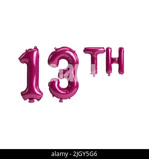 3d illustration of 13th dark pink balloons isolated on background Stock Photo