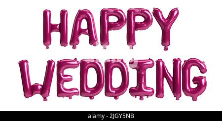 3d illustration of happy wedding letter dark pink balloons isolated on background Stock Photo