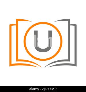 Education Logo On Letter U Template. Open Book Logo On U Letter, Initial Educational Sign Concept Template Stock Vector