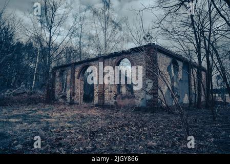 Abandoned rotten House, Dilapidated foundations of an abandoned building, dark places Stock Photo