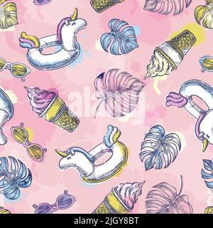 Summer colorful seamless pattern. Unicorn pool toy, tropical leaves, ice cream, sunglasses on pink background. Vector hand drawn sketch illustration. Stock Vector