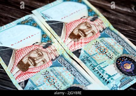 Obverse side of Saudi Arabia 20 SAR twenty Saudi riyals cash money banknote with the photo of king AbdulAziz Al Saud and Quba mosque in Madinah isolat Stock Photo