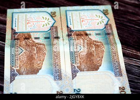 Reverse side of Saudi Arabia 20 SAR twenty Saudi riyals money banknote features Jabal Al-Noor (Hill of Light), a mountain near Mecca in Hejaz region i Stock Photo