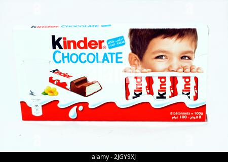 Cairo, Egypt, May 27 2022: Kinder milk chocolate bars pack, a mini snack rich in milk, lait and cacao, A chocolate recipe which contains two delicious Stock Photo