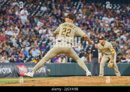 July 14 2022: San Diego catcher Jorge Alfaro (38) surveying the field  during the game with San Diego Padres and Colorado Rockies held at Coors  Field in Denver Co. David Seelig/Cal Sport