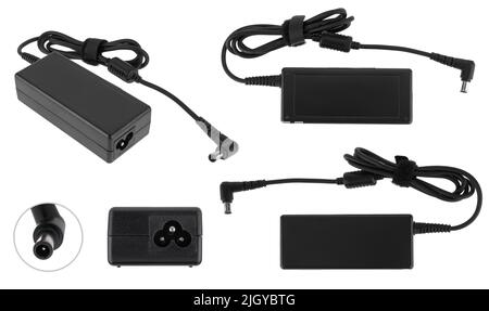 laptop power adapter, laptop spare part, on white background, collage Stock Photo