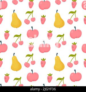 Pears, strawberries, cherries and apples seamless pattern Stock Vector