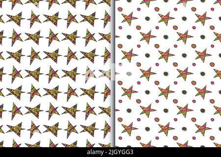 Star shapes seamless patterns, collection of 2. Hand-drawn doodle cartoon design, decorative zentangle elements. Halloween party color palette Stock Vector