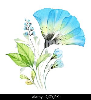 Watercolor bouquet with big blue anemone and snowdrops. Abstract composition with turquoise transparent flowers and green leaves. Hand painted vibrant Stock Photo