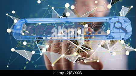 A person presenting a virtual projection of a search icon Stock Photo