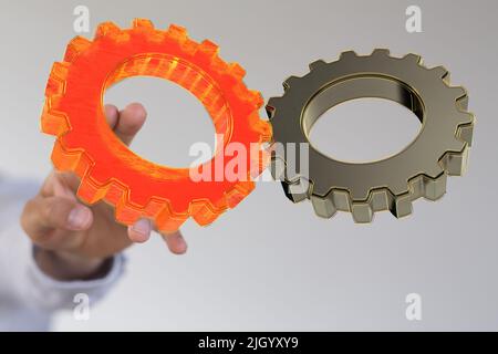 A person presenting a virtual projection of gears Stock Photo