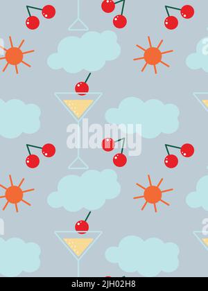 Seamless summer pattern in trendy colors with summer elements such as martini glass, cherry, cloud and sun. Fits good for poster, postcard, fabric, greeting card, price tag, banner, wrapping paper, kitchen oilcloth, napkins. Stock Vector