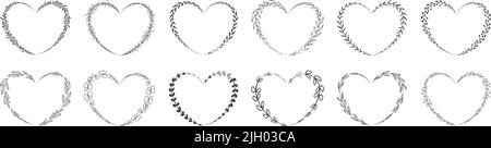 Collection of heart shape leaf wreath element decorative design for invitation card template Stock Vector