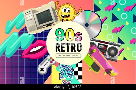 1990s retro background theme with iconic nineties objects and patterns. Vector illustration. Stock Vector