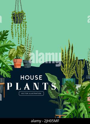 A collection of vibrant indoor house plants in pots. Botanical vector illustration. Stock Vector