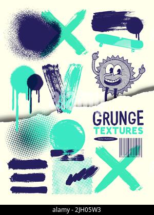 A collection of grunge paint and spray marks. Texture vector illustration. Stock Vector