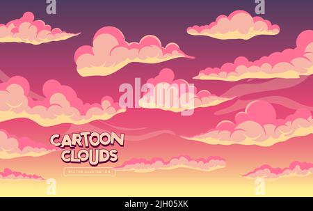 Drifting sunset pink cartoon clouds. Vector illustration. Stock Vector