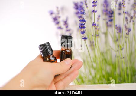 Lavender essential oil in a hand and lavender flowers on a white background.Essence with lavender scent. Aromatherapy and massage.Cosmetics with Stock Photo