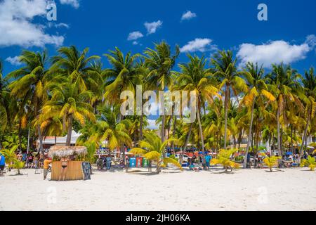 Cocos beach bar on a beach with white sand and palms on a sunny day, Isla Mujeres island, Caribbean Sea, Cancun, Yucatan, Mexico. Stock Photo