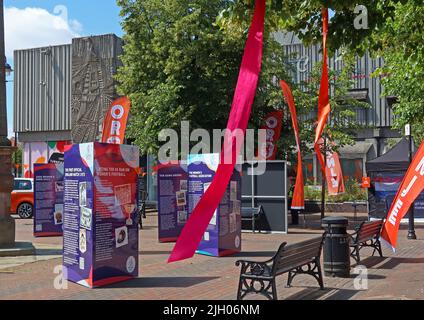 Banners for UEFA Womans Euro championship England 2022,in Leigh town centre, ready for Portugal vs Netherlands (Holland) after match party, NW England Stock Photo