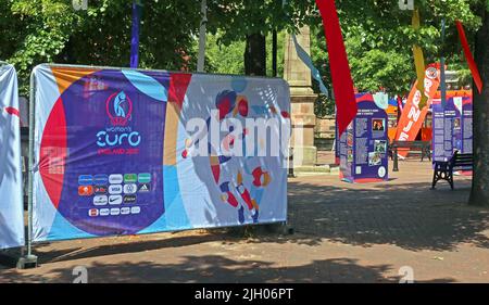 Banners for UEFA Womans Euro championship England 2022,in Leigh town centre, ready for Portugal vs Netherlands (Holland) after match party, NW England Stock Photo