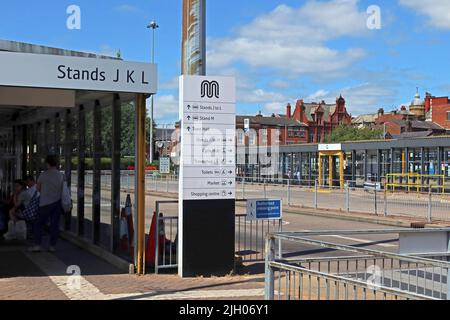 Stands at Leigh Bus Station, King Street, Leigh, Greater Manchester, England, UK, WN7 4LP Stock Photo