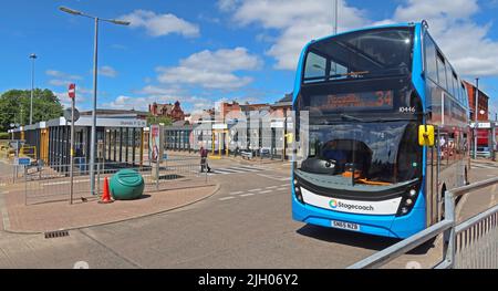 Stagecoach bus 34 for Piccadilly SN65NZB leaves  - Leigh Bus Station, King Street, Leigh, Greater Manchester, England, UK, WN7 4LP Stock Photo