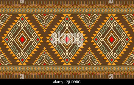 Beige Green Orange Symmetry Geometric Ethnic Seamless Pattern Design on Brown Background. Eastern Embroidery Rhomboid Style Stock Vector