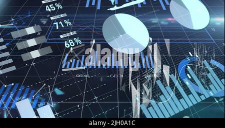 Image of statistics recording and data processing over grid Stock Photo
