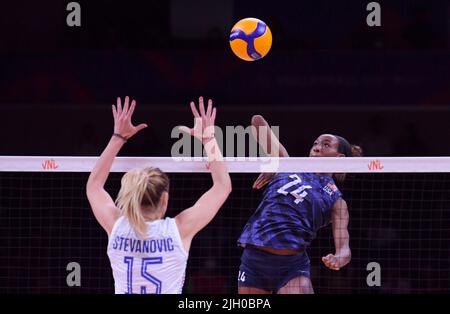 Ankara, Turkey. 13th July, 2022. Chiaka Ogbogu (R) of the United States spikes the ball during the 2022 FIVB Volleyball Women's Nations League quarterfinal match between the United States and Serbia in Ankara, Turkey, July 13, 2022. Credit: Shadati/Xinhua/Alamy Live News Stock Photo