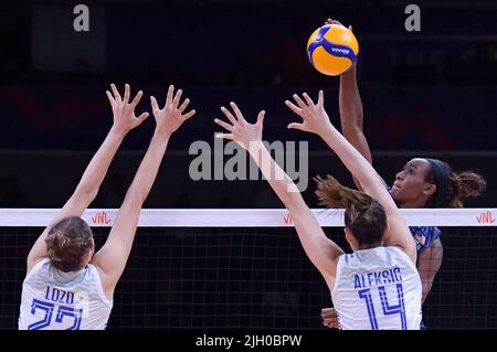 Ankara, Turkey. 13th July, 2022. Ogbogu Chiaka (R) of the United States spikes the ball during the 2022 FIVB Volleyball Women's Nations League quarterfinal match between the United States and Serbia in Ankara, Turkey, July 13, 2022. Credit: Shadati/Xinhua/Alamy Live News Stock Photo