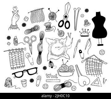Collection of hobbies, embroidery and knitting. Linear hand drawing in doodle style. Isolated vector tools knitting needles and needles, threads and Stock Vector