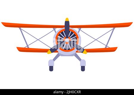 old two-winged plane with a propeller front view. flat vector illustration. Stock Vector