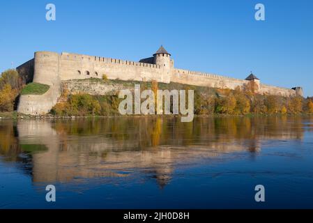 Ancient Russian Ivangorod fortress on a sunny October day. Leningrad region. Border of Russia and Estonia Stock Photo