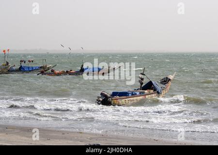 PORTUGUESE TOWN, BANJUL, THE GAMBIA - FEBRUARY 10, 2022 moored local boats Stock Photo