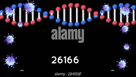 Image of dna strand and falling cells over dark background Stock Photo
