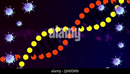 Image of dna strand and falling cells over dark background Stock Photo